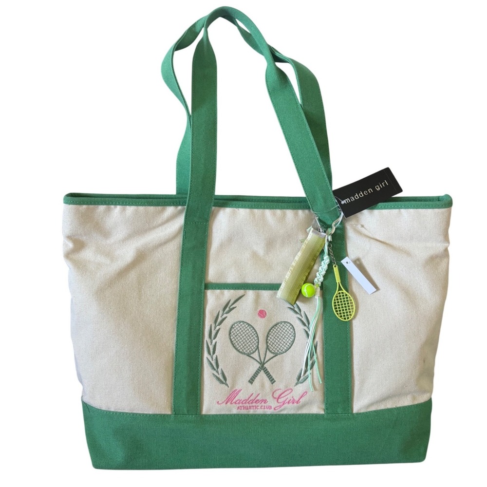 Madden Tennis Racket Embroidered Canvas Large Tote Green Cream Charm Bagβ Preppy